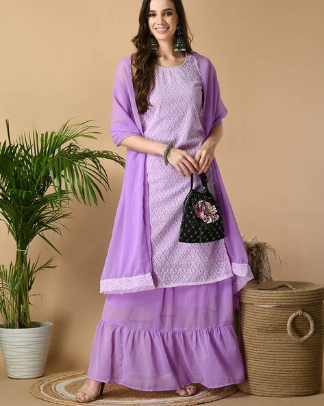 PURPLE EMBELLISHED V-NECK KURTI