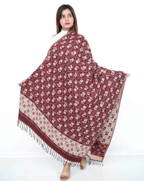 Women Floral Printed Shawl with Tassels Price in India