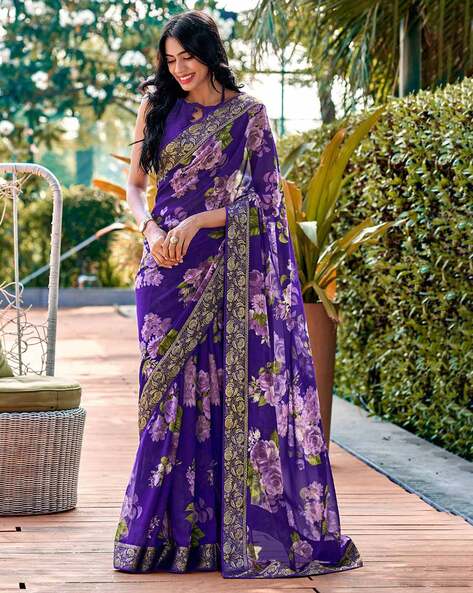 Floral Printed Georgette Saree with Fancy Lace Work – Yes We Shop