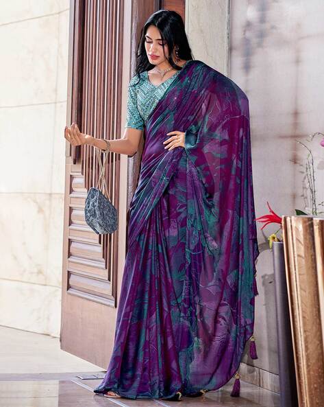 Offwhite N Purple Floral Georgette Saree | Saree designs, Latest indian  saree, Party wear sarees online