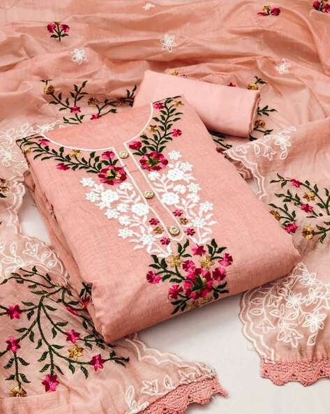 Peach-Coloured Embroidered fashion Unstitched Dress Material