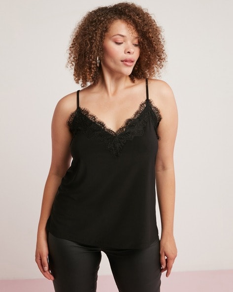 Lace-trimmed Camisole Top - Black - Ladies