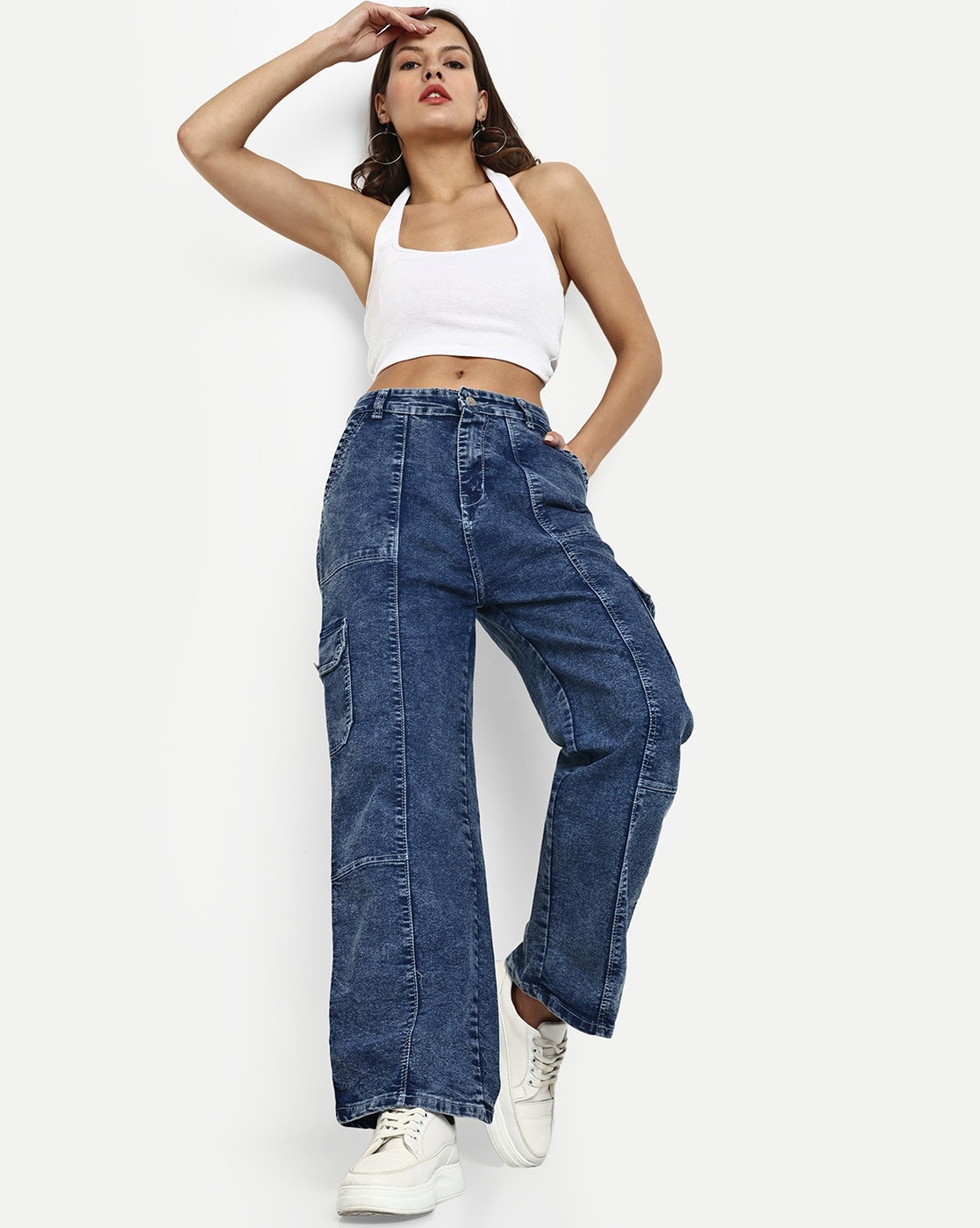 Women White Cargo 6 Pockets Wide Leg Flared Jeans – BLUELOCKINDIA