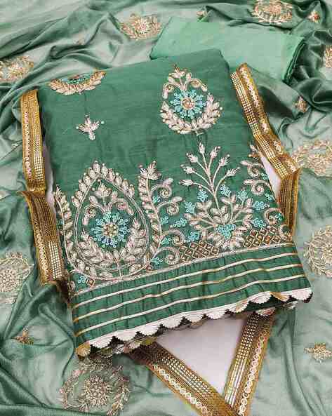 green colour dress material Unstitched Cotton Salwar Suit Green Dress Material with Embroidery –  Stilento main image 1