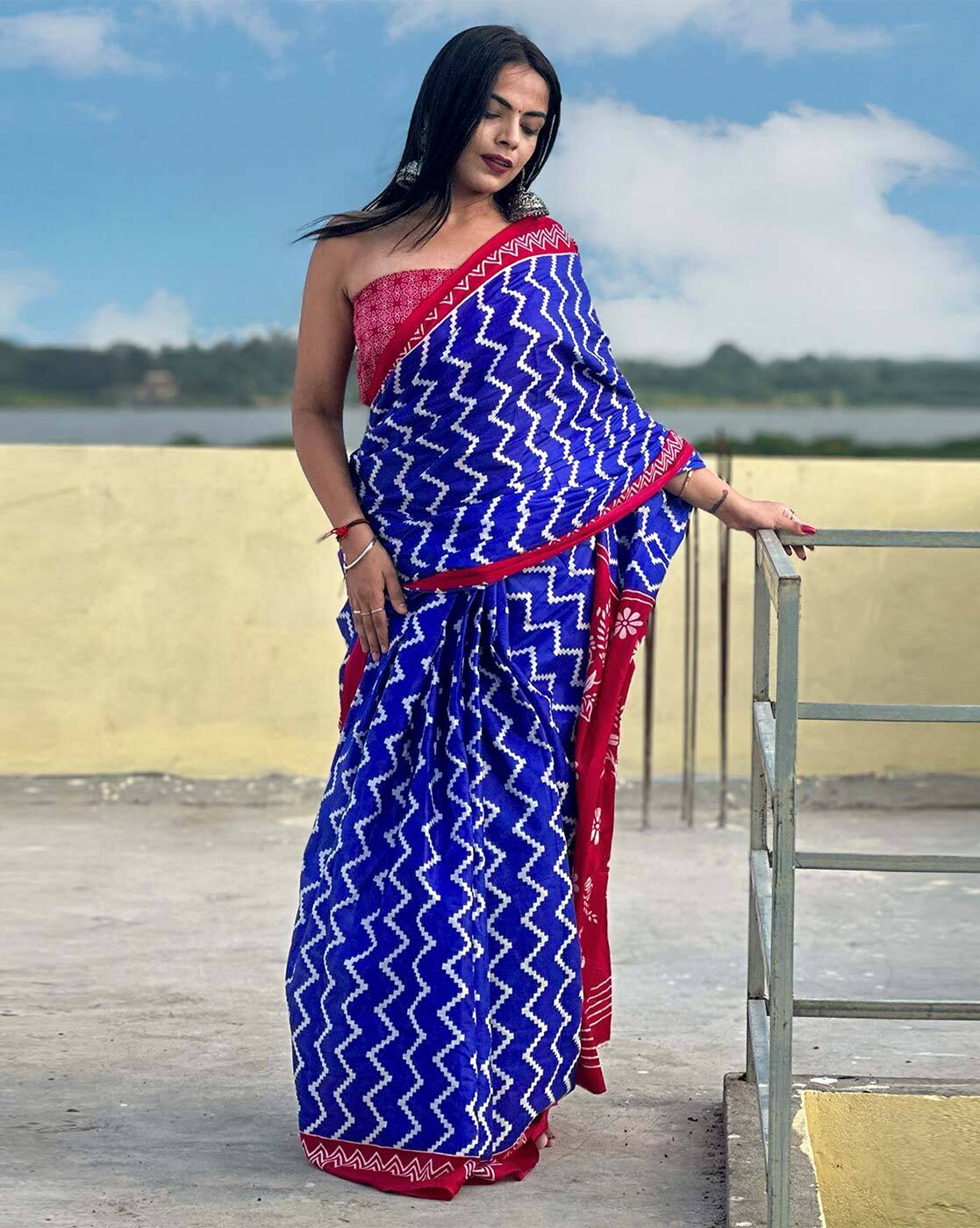 Buy Denim Blue Ajrakh Saree Online - Uttariya