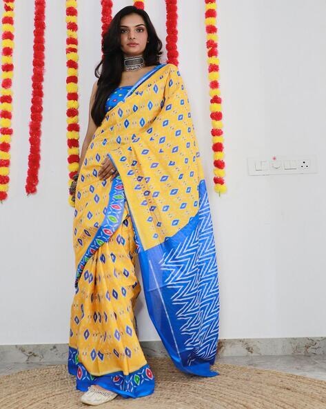 Kalanjali Double Border Lemon Yellow And Navy Blue And Coppersulphate Blue  Saree