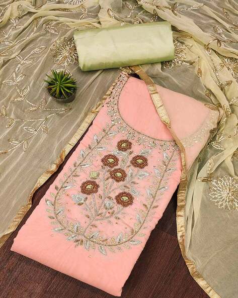 Green Embroidered Pure Silk Dress Material