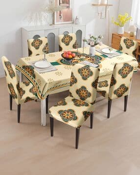 Floral Print 6-Seater Table Cover with Chair Covers-image-13