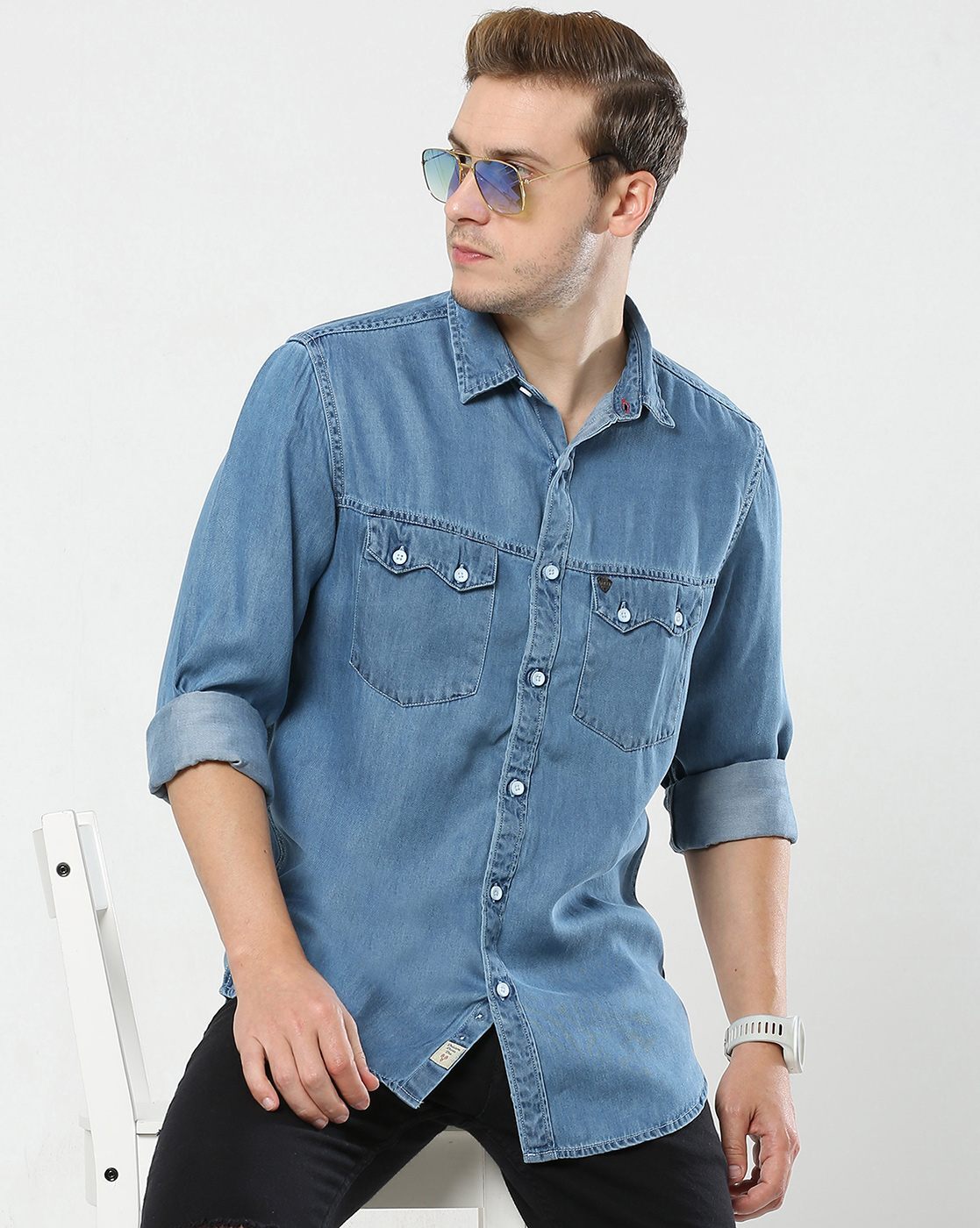 Buy Light Blue Single Pocket Denim Shirt for Men Online in India -Beyoung