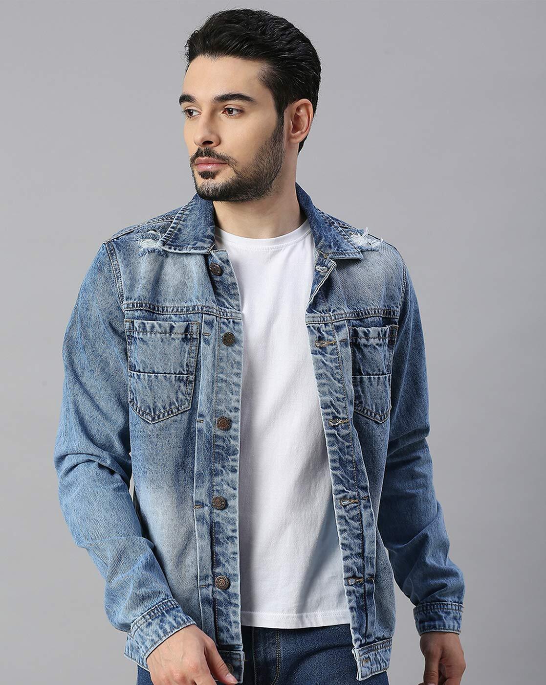 Fashionable Men's Denim Jacket Light Blue Jeans Jacket Streetwear Style  Stand Slim Jacket - Etsy