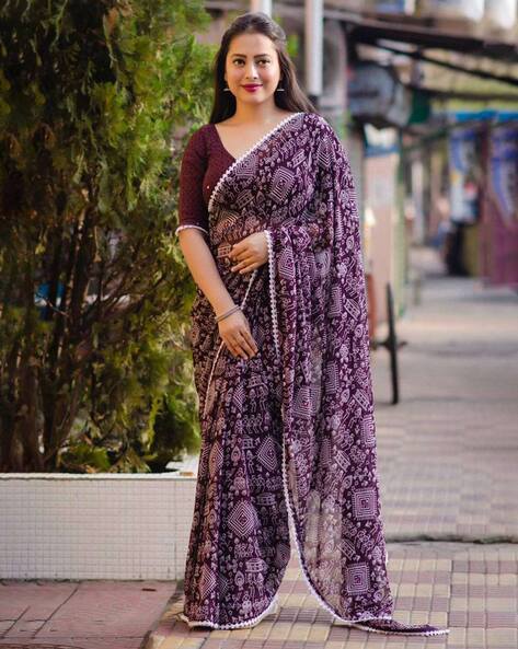 Vibrant Handmade Silk Kantha Saree in Violet Floral Design – Craftyle