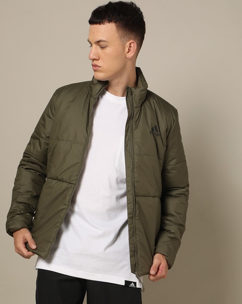 Mens Green Puffer Jacket with Faux Fur Trim Hood | Zip Closure