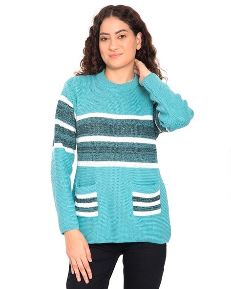 Women Striped Pullover with Patch-Pockets