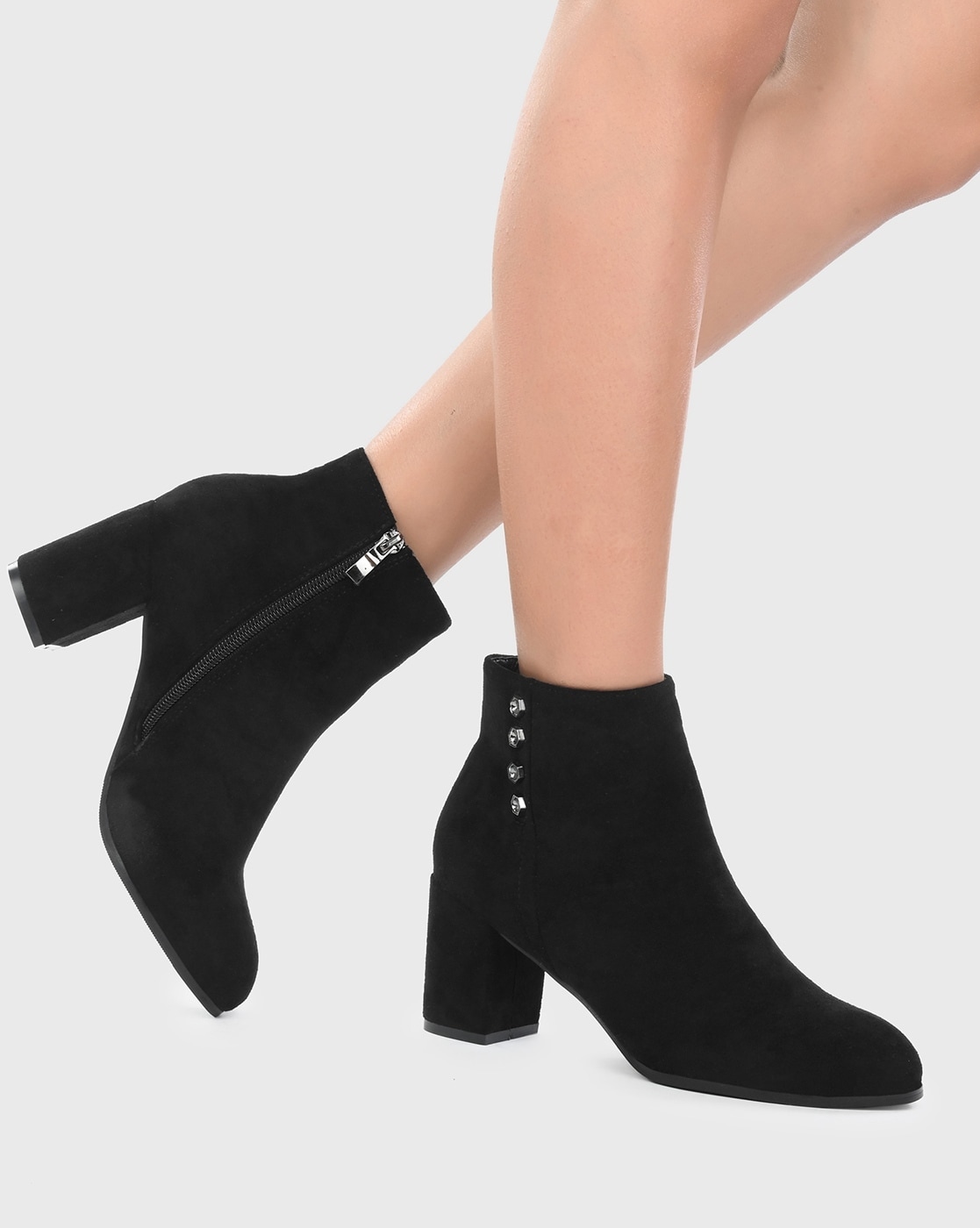 Women's Black Chunky High Heel Ankle Boots Metal Buckle - Temu