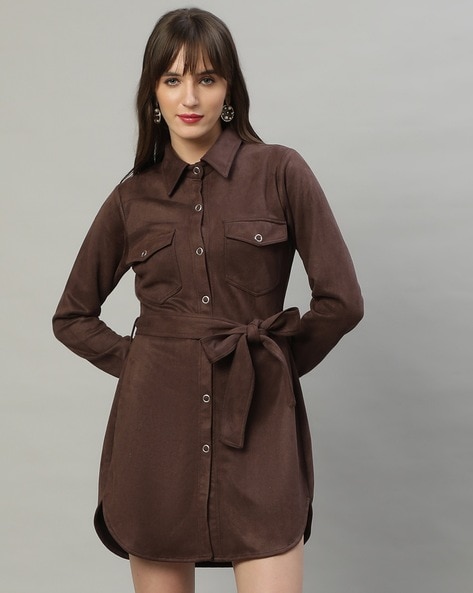 Women Shirt Dress with Waist Tie-Up