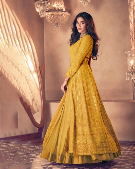 Buy Yellow Printed Angarkha Gown Festive Wear Online at Best Price | Cbazaar