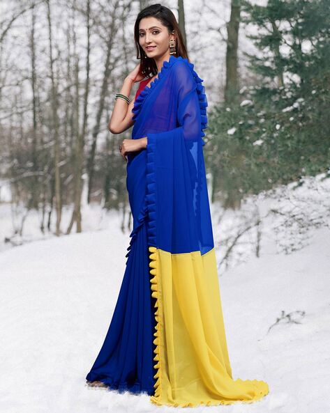 Mustard Yellow Blue Silk Saree - Saree Blouse Patterns