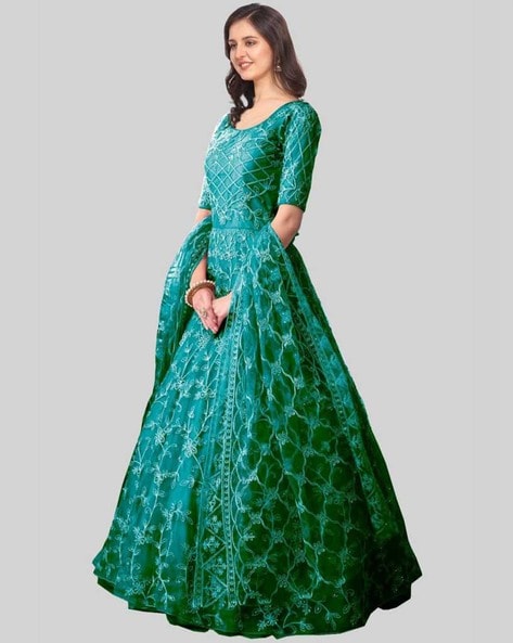 Fairy Look Jacquard Work Green Color Gown For Girls - Cloths