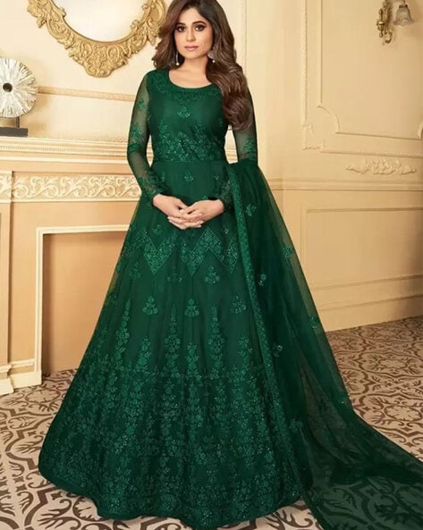 Dazzling Shaded Green Model Satin Embroidered Party Wear Stitched Gown  (NMPRSA11_XL) at Rs 2499 | Gown Dresses in Surat | ID: 21035887933