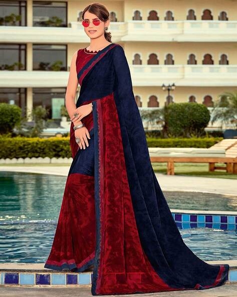 Red Printed With Sequins Embroidered Border Georgette Saree