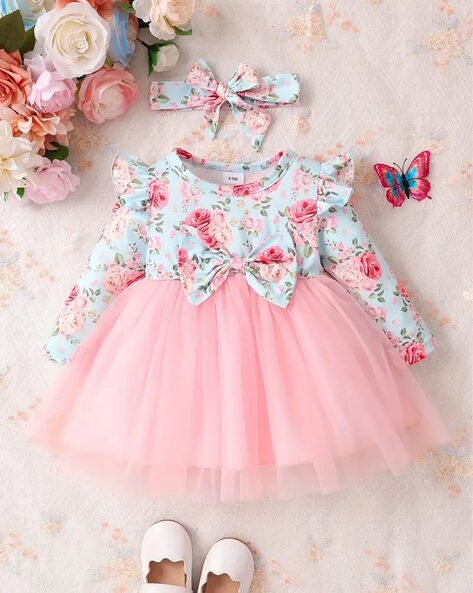Cute Baby Girl Year Old Wearing Stylish Pink Dress Overgrey Stock Photo by  ©sofiiashunkina@gmail.com 239103674