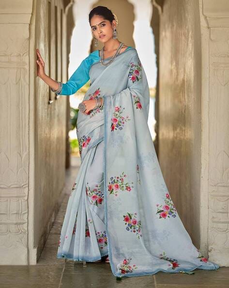 Buy Blue Organza And Crepe Embroidered Izel Saree With Sleeveless Blouse  For Women by Rishi & Vibhuti Online at Aza Fashions.