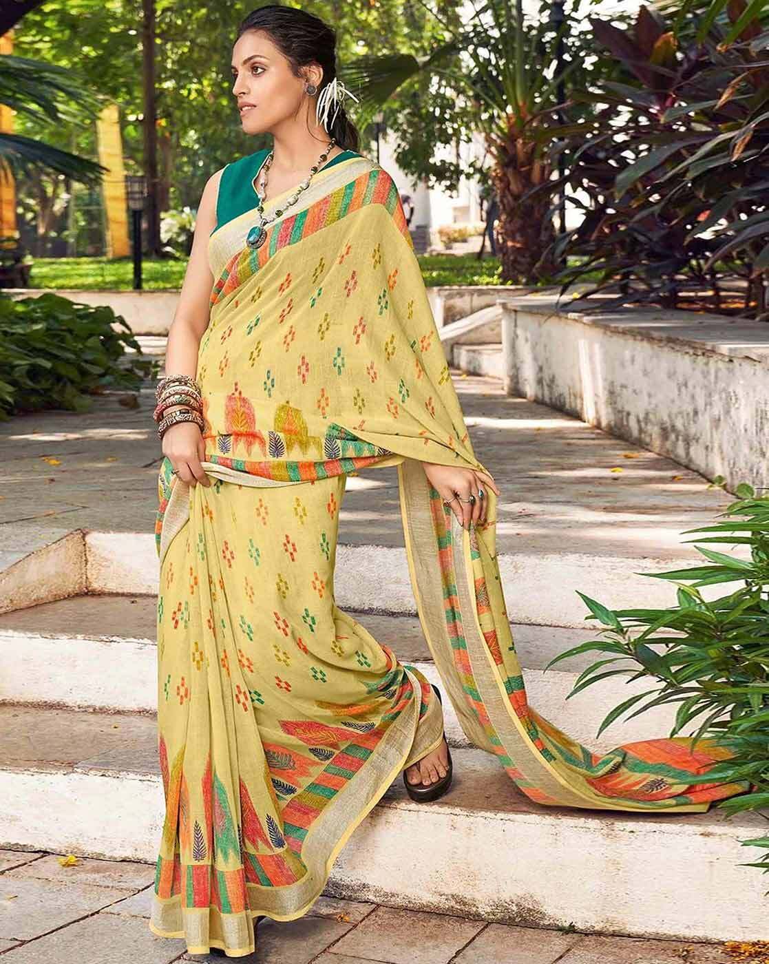 Green Digital Printed Linen Saree With Tassels