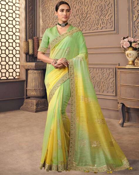 Golden Woven With Embroidered Border Organza Saree