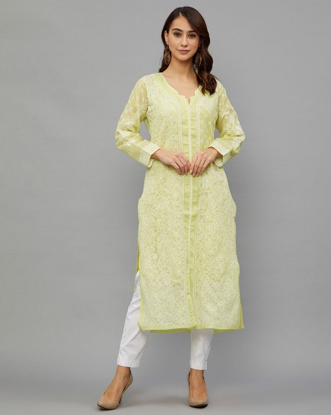 Buy Ethnava Women's Hand Embroidered Chikankari Front Kurti Neck