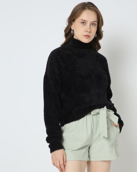 Women Faux-Fur High-Neck Pullover