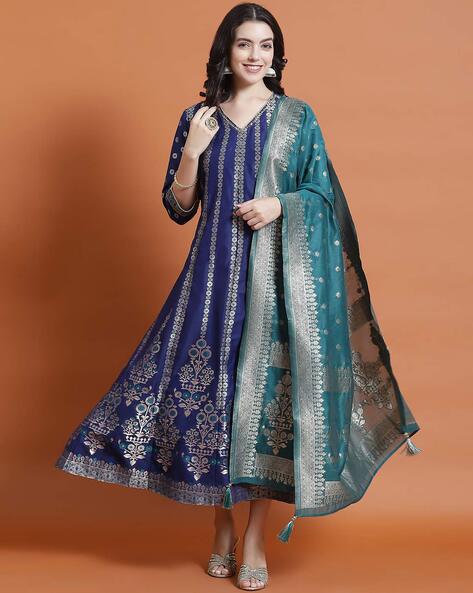 Women Floral Woven A-Line Dress with Dupatta