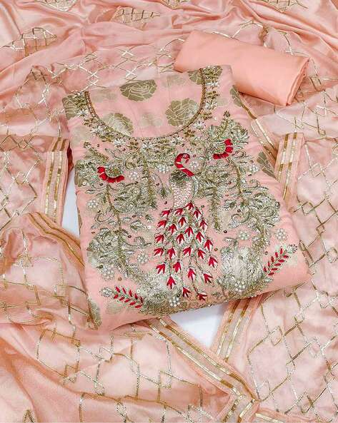 Pink Floral Embroidered Cotton Dress Material