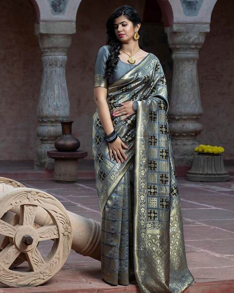 Buy QURESIA Woven Banarasi Pure Silk Silver, Blue Sarees Online @ Best  Price In India | Flipkart.com