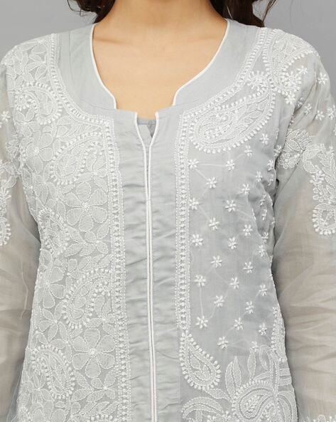 Buy Ada Lucknowi Hand Embroidered Chikankari Straight Grey Georgette Top  Tunic Kurti with Slip for Women A911271 (M) at Amazon.in