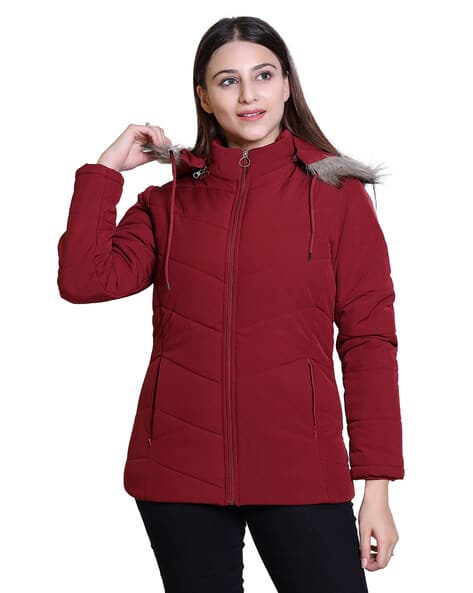 Padded Jacket Maroon Parka Jacket Women Quilted Regular Fit Hooded