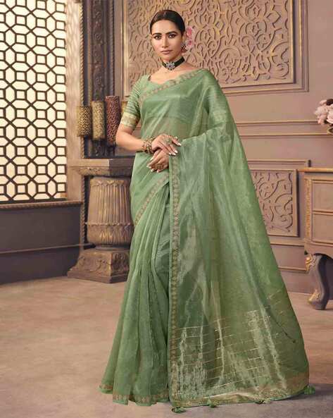 Grey Festive Wear Woven Organza Saree