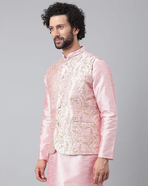 Embroidered Art Silk Nehru Jacket in Yellow : MLY1622