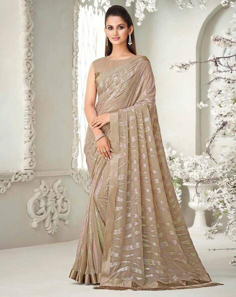 Beige Floral Printed Georgette Saree