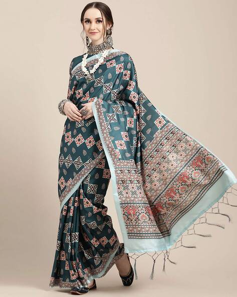 Block Printed Ajrakh Silk Saree with Tassels - Ajrak Printing & Dyeing  Crafts | World Art Community