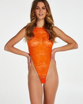 FREE PEOPLE Womens Orange Lace Snap Closure Sleeveless V Neck Body Suit  Bodysuit XS 