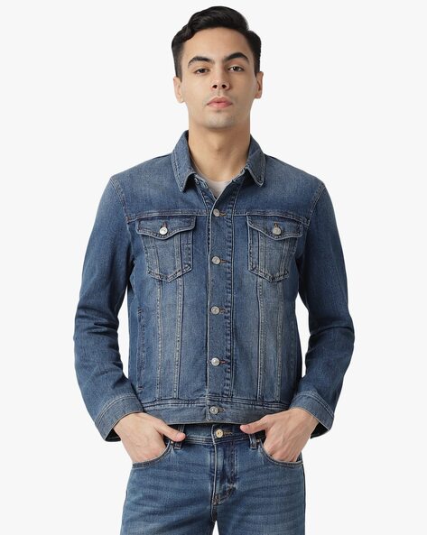 Buy online Blue Printed Denim Jacket from Jackets for Men by