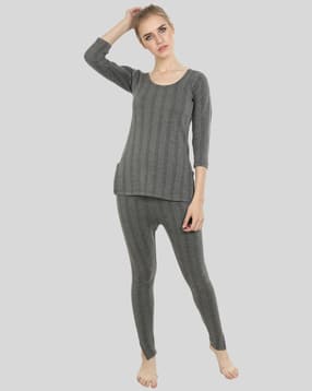 Women Striped Thermal Vest & Pyjamas Set-image-28