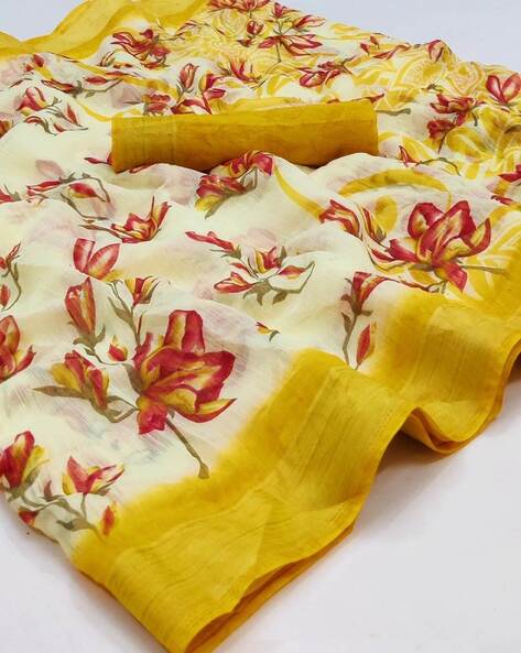 Peach Printed Linen Saree