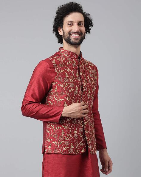 Buy Peach Color Ethnic Nehru Jacket with Maroon Kurta Set for Men