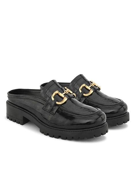 Old Navy Black Leather Mules Outfit Women Regular Fit Slip-On Mules With  Metal-Accent