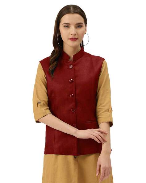 Sleeveless Brocade Short Jacket/Sadri For Ladies - Light Green