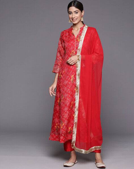 SVARAA Women Bandhani Print A-Line Kurta with Pants & Dupatta