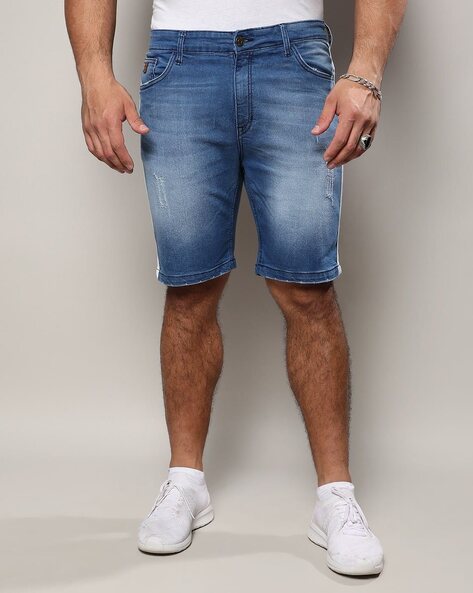 Relaxed Mid-Length Denim Shorts in Steenwick Wash: Ripped Edition