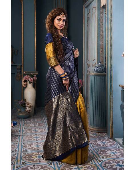 Gold And Rama Kanjivaram Silk Half Saree With Zari Woven