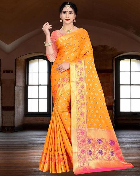 Orange woven paithani silk saree with blouse - Samvegi Creation - 4119871